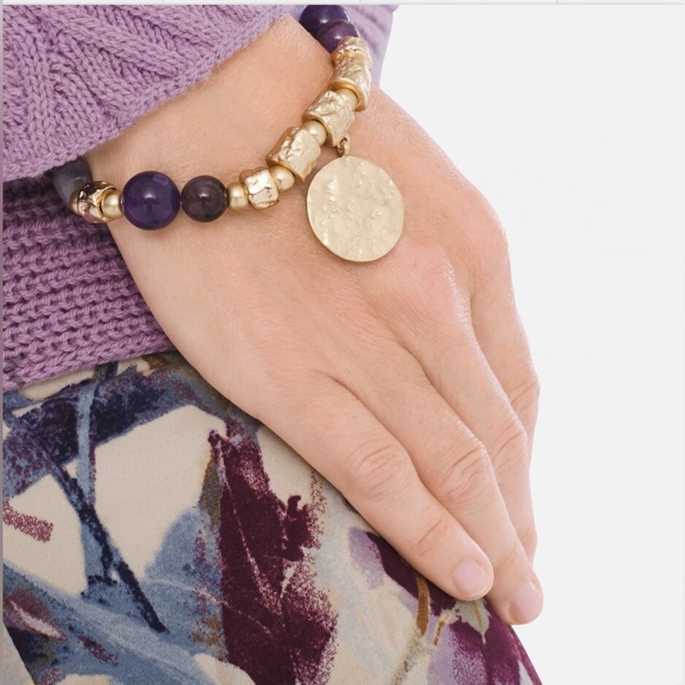 Chico’s Purple Stone Stretch Bracelet Gold Tone